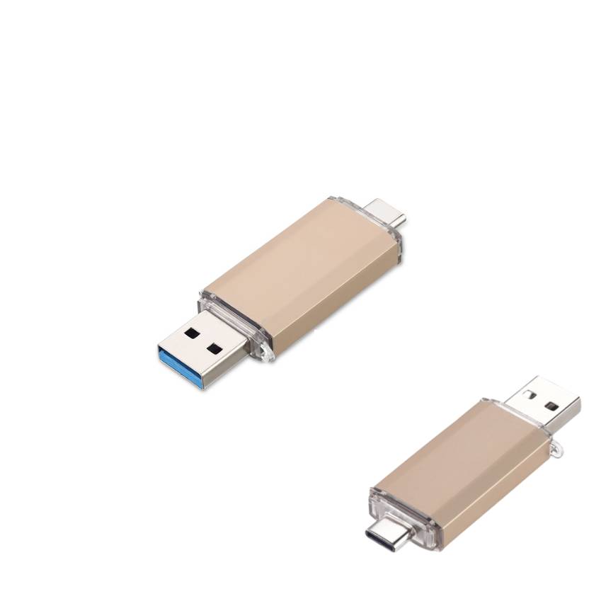 Zwei beige USB-Speichersticks, die auf weißem Hintergrund gezeigt werden, einer mit USB-A-Anschluss und einer mit USB-C-Anschluss.