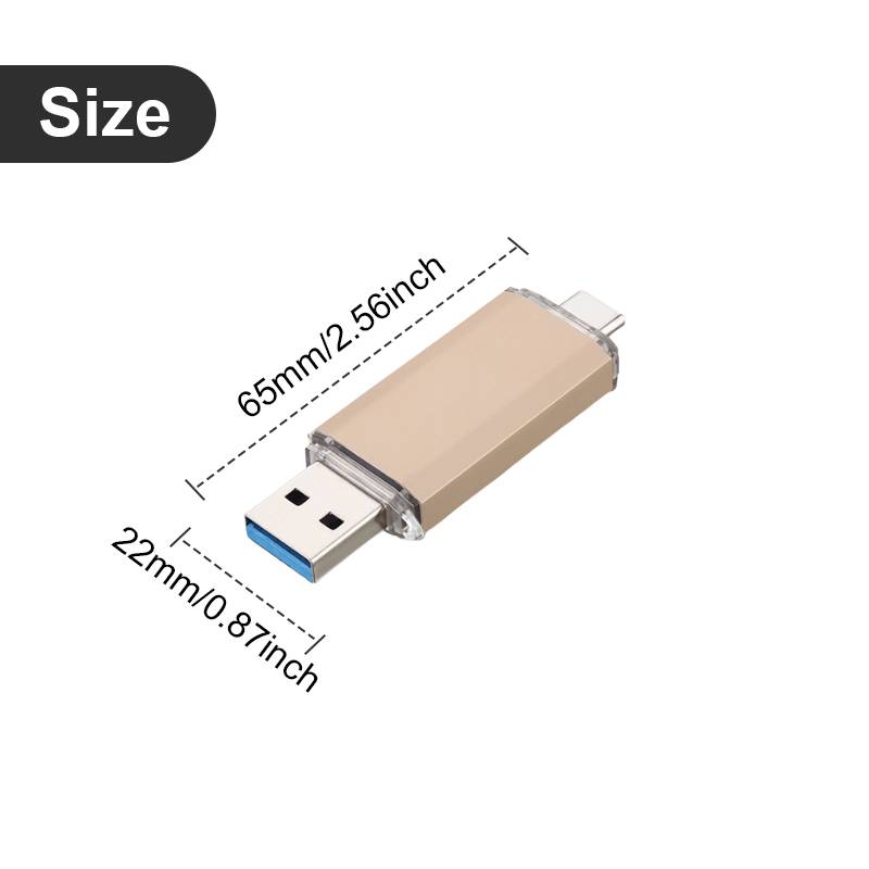 Größendiagramm eines USB-Sticks mit den Maßen 65 mm (2,56 Zoll) Länge und 22 mm (0,87 Zoll) Breite.