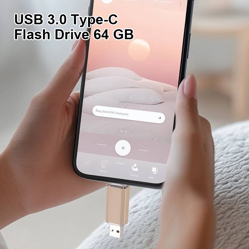 Ein Smartphone ist mit einem USB-C-Speicherstick mit der Bezeichnung „USB 3.0 Type-C Flash Drive 64 GB" verbunden, um den Speicher zu erweitern.