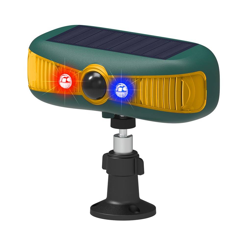 Solarbetriebenes Warnlicht mit rotem, blauem und zentralem kameraähnlichem Sensor auf einem Montageständer.