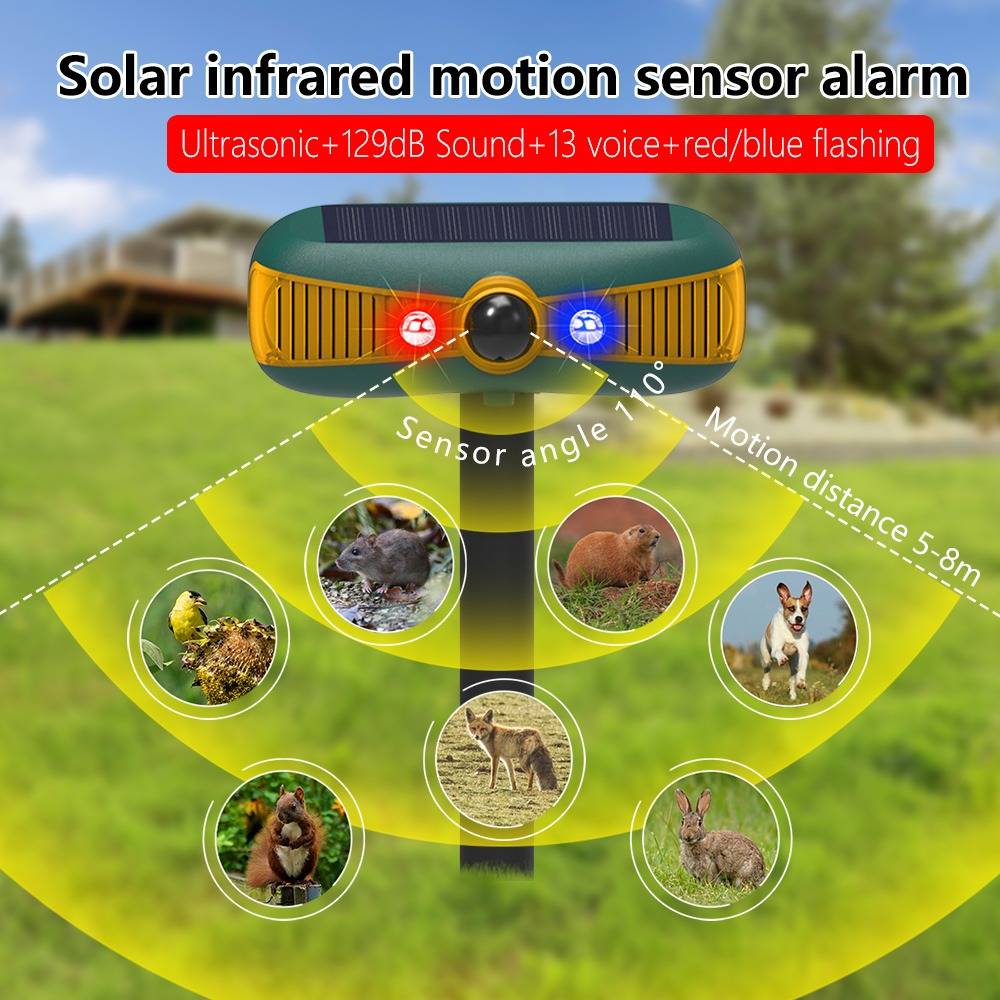 Solarbetriebener Infrarot-Bewegungsmelder mit Alarm, roten und blauen Blitzlichtern, Ultraschallton, 118° Sensorwinkel und 5–8 m Bewegungserkennungsbereich.