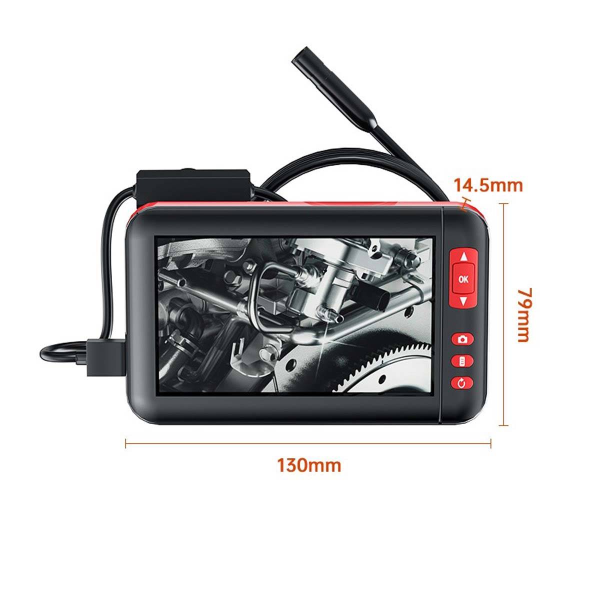 Tragbare Endoskopkamera mit Monitor und Sonde, zeigt Grautonaufnahmen des Motorinnenraums; Abmessungen gekennzeichnet: 130 mm breit, 79 mm hoch, 14,5 mm tief.