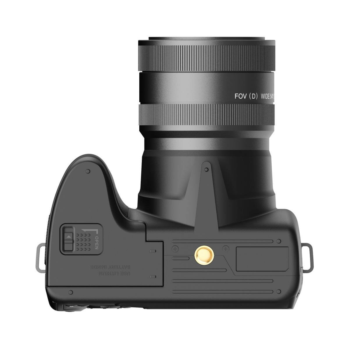Schwarze digitale Kamera mit großem Zoomobjektiv, von vorne auf weißem Hintergrund gezeigt.