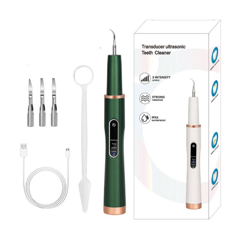 Ultraschall-Zahnreinigungsset mit grünem tragbarem Gerät, auswechselbaren Aufsätzen, Ladekabel, Spiegel und Produktkarton mit 5 Intensitätsstufen, starker Vibration und IPX6-Wasserdichtigkeit.
