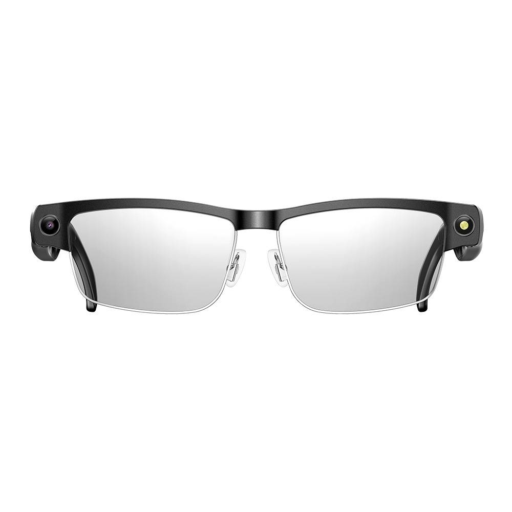 Schwarze intelligente Brille mit Kameras auf beiden Bügeln und klaren Gläsern, Vorderansicht auf weißem Hintergrund.