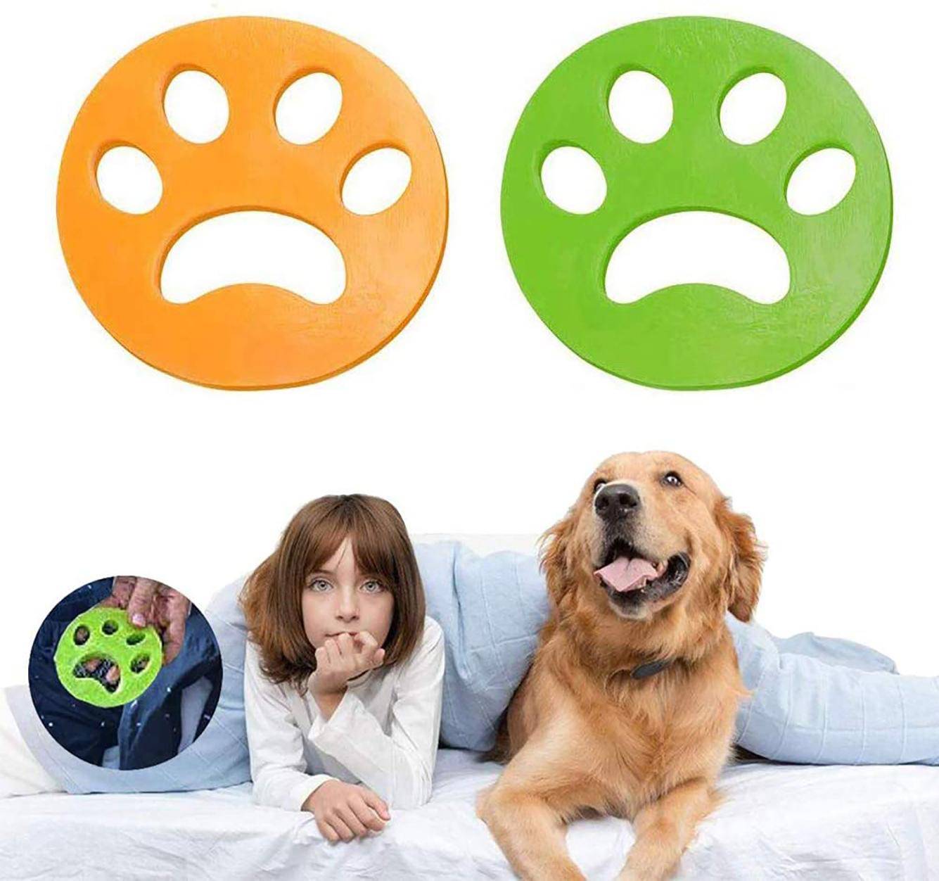 Zwei pfotenschalenförmige Scheiben, eine orange und eine grün, über einem Kind, das neben einem Golden Retriever liegt, mit einer kleinen Einfügung, die zeigt, wie die grüne Scheibe gehalten wird.