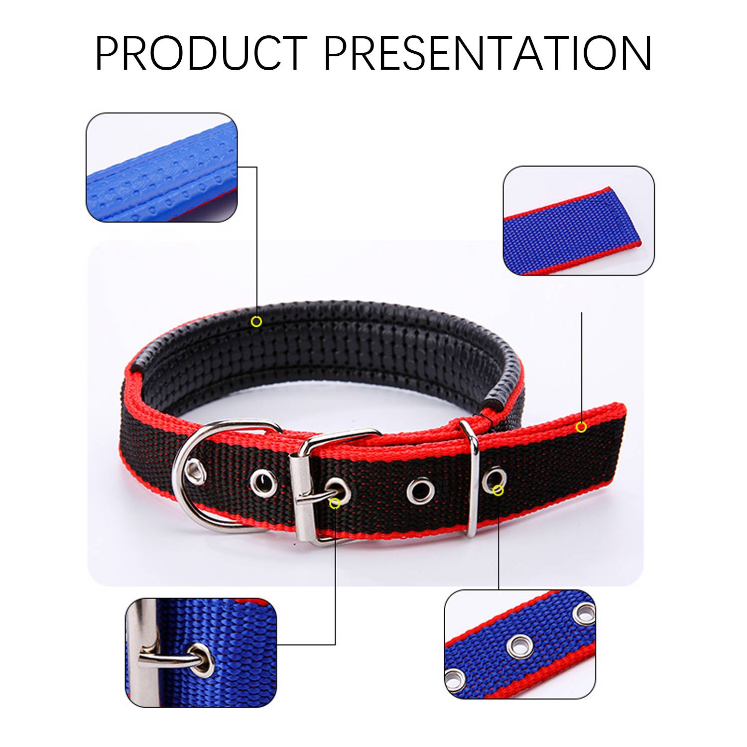 Produktpräsentation eines schwarzen geflochtenen Hundehalsband mit rotem Besatz, silberner Schnalle und Metallringen, gezeigt mit eingefügten Nahaufnahmen der Stoffdetails und Beschläge.