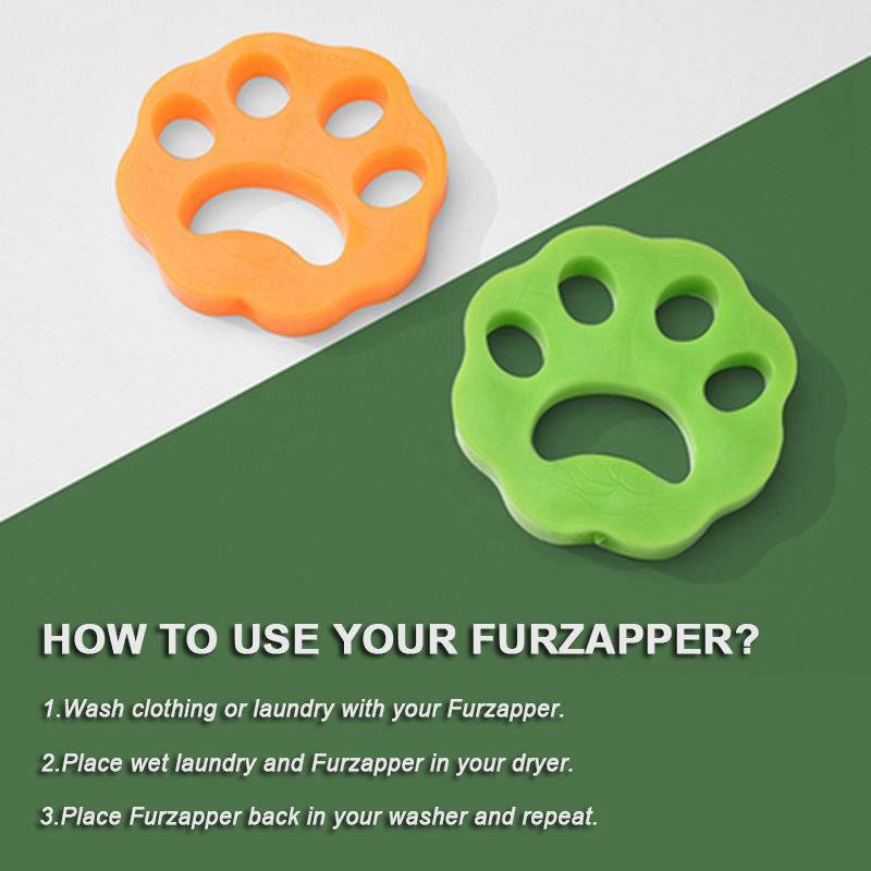 Infografik mit orangefarbigen und grünen Furzapper-pfottenförmigen Wäschewerkzeugen und dem Text: 'WIE VERWENDEN SIE IHREN FURZAPPER?' Kleidung waschen, mit Furzapper trocknen, dann zurück in die Waschmaschine und wiederholen.