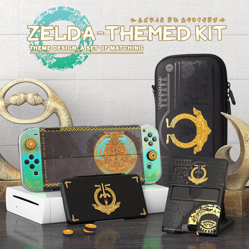Werbebild eines Zelda-Designs-Sets mit einer Nintendo Switch, passendem Gehäuse, Transporttasche und Zubehör in Schwarz-, Gold- und Petrol-Designs.
