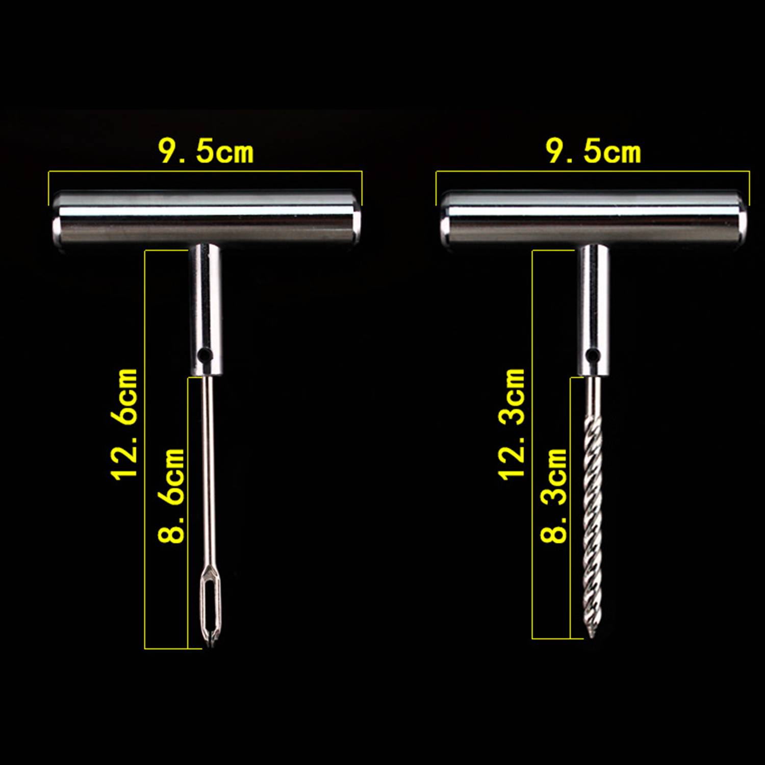Nebeneinandervergleich zweier T-Griff-Werkzeuge auf schwarzem Hintergrund, jeweils 9,5 cm breit; links glatte Spitze 12,6 cm lang, rechts Gewinde-Spitze 12,3 cm lang, mit Beschriftungen der Abschnitte 8,6/3 cm.