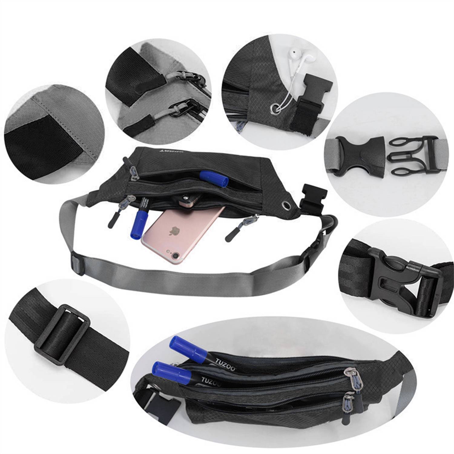 Schwarze Hüfttasche mit verstellbarem Riemen, mehreren Reißverschlusstaschen und Clips, gezeigt mit Nahaufnahmen von Schnallen, Reißverschlüssen und Handyspeicher.