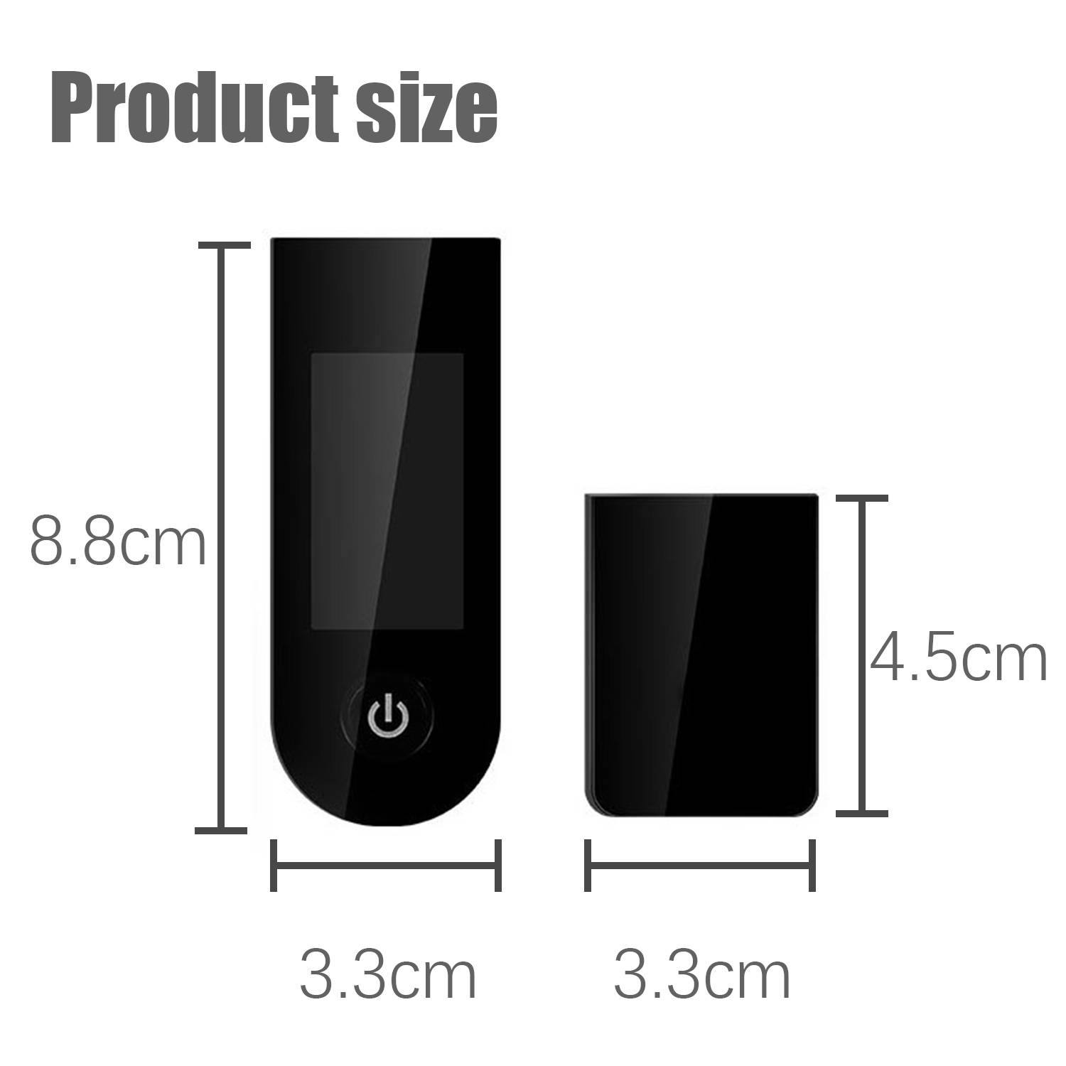 Produktgrößendiagramm mit einem schwarzen Gerät: 8,8 cm hoch und 3,3 cm breit, mit einer zweiten Ansicht 4,5 cm hoch und 3,3 cm breit.