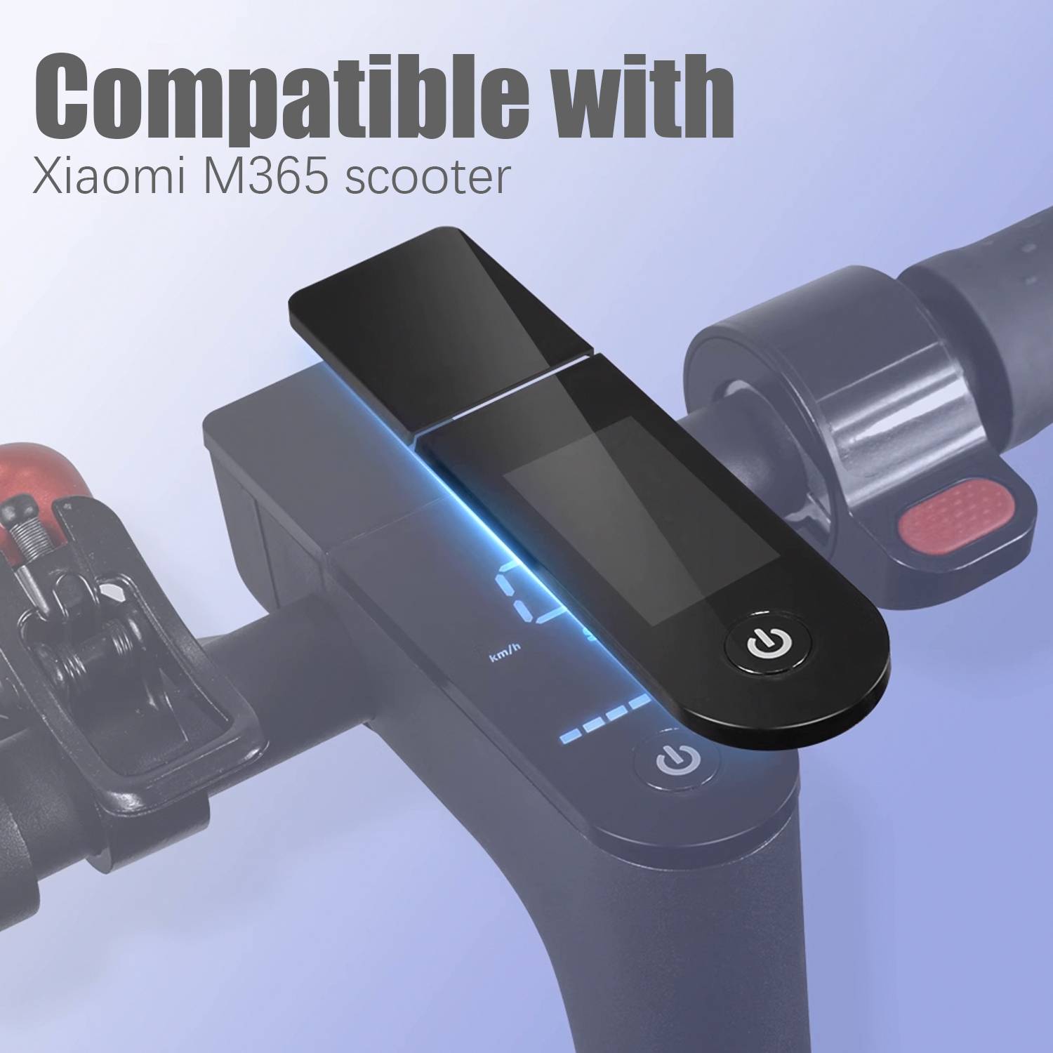 Xiaomi M365 Roller-Lenkeranzeigeaccessoire, montiert auf dem Schaft mit leuchtenden digitalen Anzeigen.