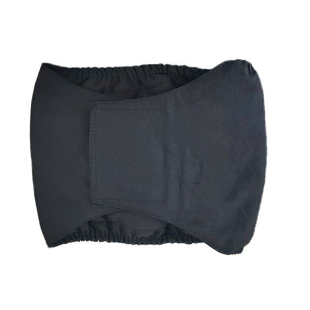 Schwarze dehnbare Bauchstützung oder Bauchbinde mit einem zentralen vorderen Paneel, gezeigt auf weißem Hintergrund.