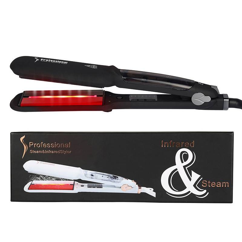 Glätteisen mit schwarzem Griff und roten Infrarotplatten, abgebildet oben auf seiner Einzelhandelverpackung mit der Bezeichnung „Professional Steam2InfraredStyler" und „Infrared & Steam"".