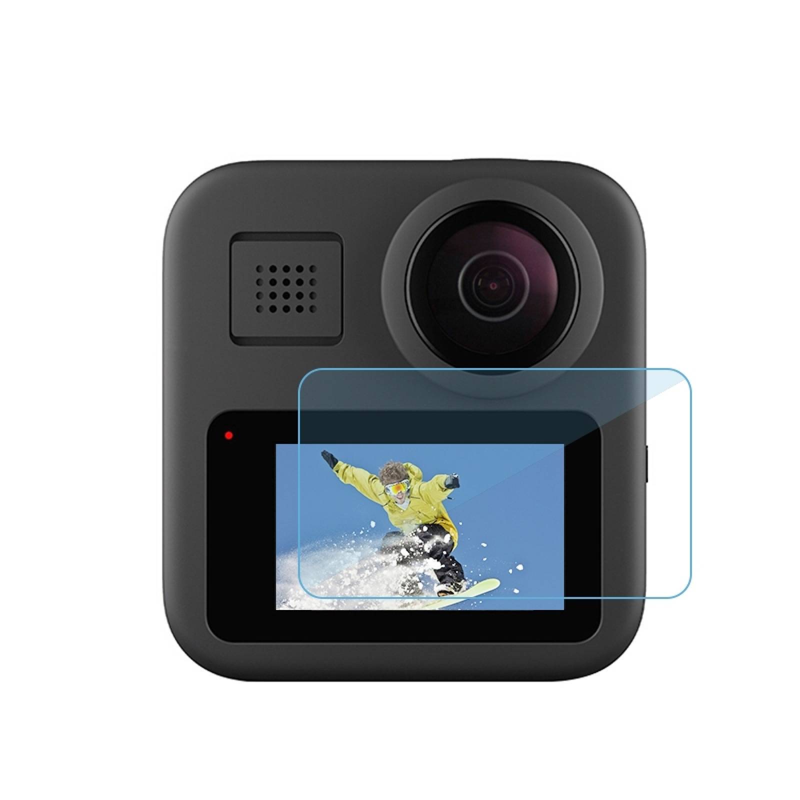 Kompakte Actionkamera mit großem Objektiv und kleinem Display auf der Vorderseite, auf dem ein Snowboarder zu sehen ist, mit einer klaren Schutzabdeckung über dem Display.