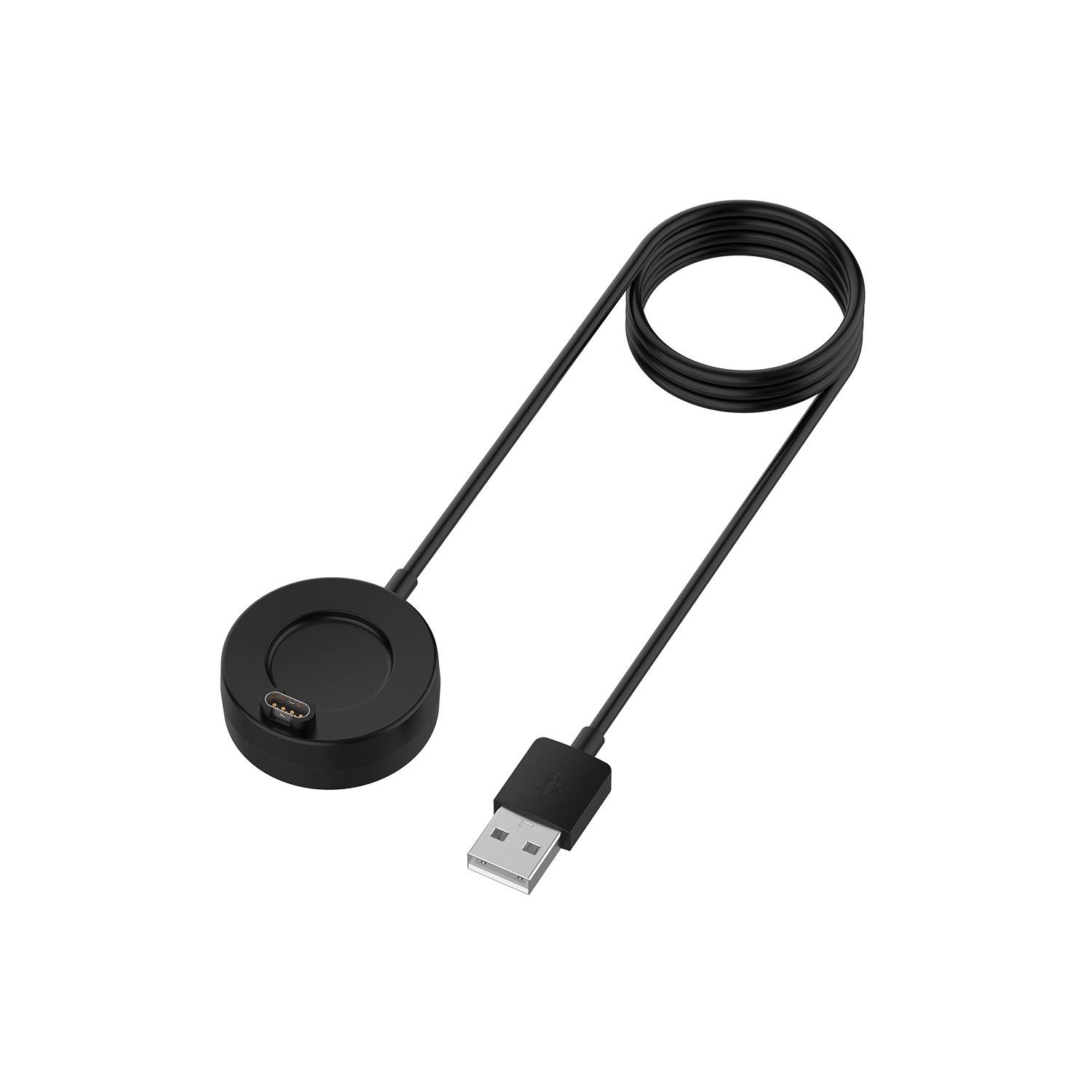 Schwarze runde USB-Ladestation mit angeschlossenem Kabel und USB-A-Stecker, dargestellt auf weißem Hintergrund.