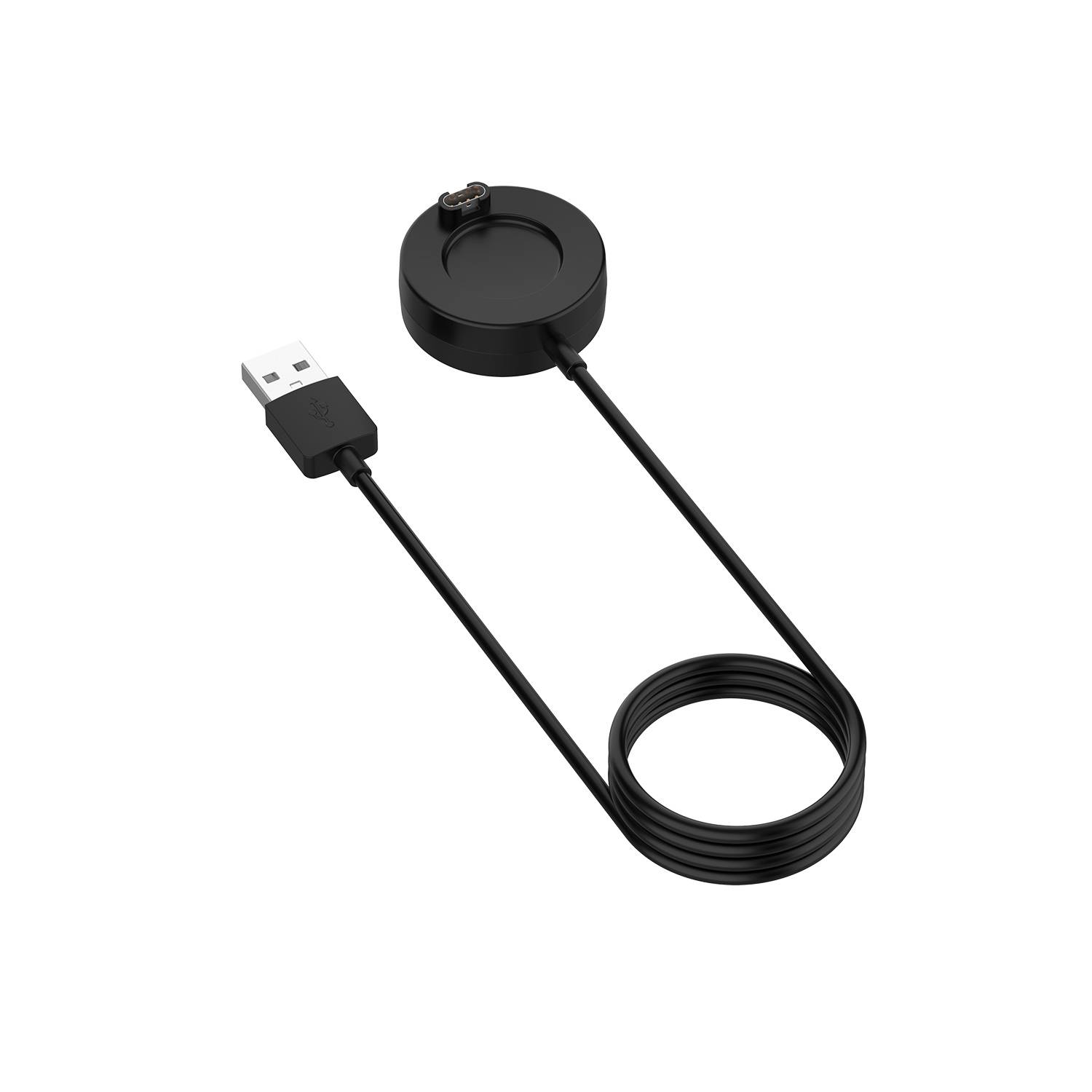 Schwarzes USB-Ladekabel mit einer runden magnetischen Ladeschale und einer aufgerollten Schnur auf weißem Hintergrund.