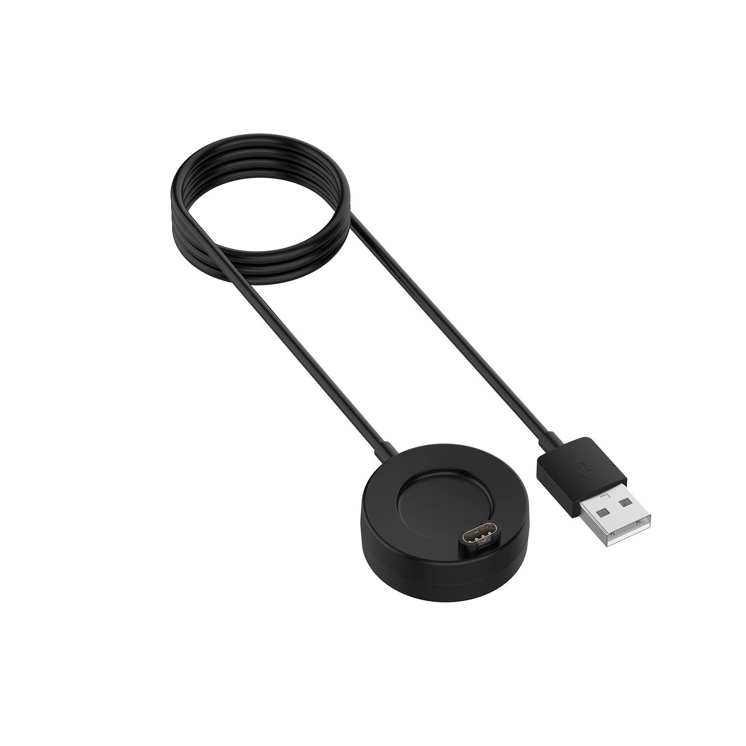 Schwarzes USB-Ladekabel mit rundem magnetischem Dock und USB-A-Stecker, gezeigt auf weißem Hintergrund.