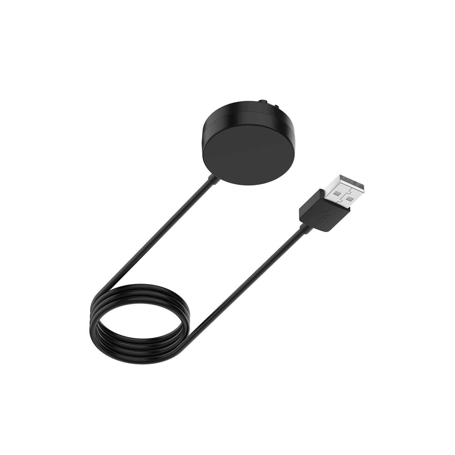 Schwarze runde USB-Ladeschale mit angeschlossenem Kabel und USB-A-Stecker auf weißem Hintergrund.