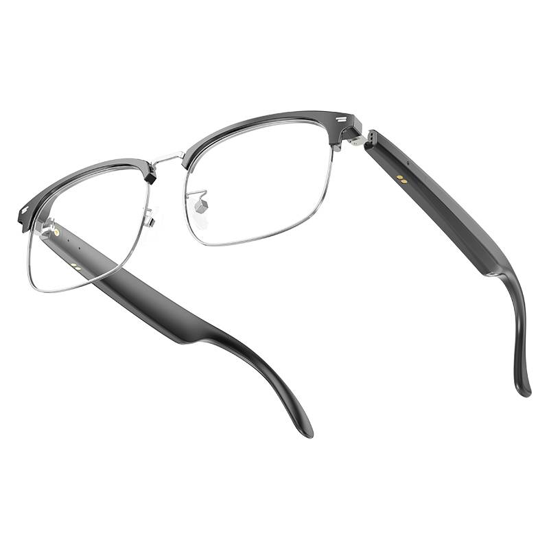 Schwarze rechteckige Brille mit dünnen Metallbügeln und langen Bügeln auf weißem Hintergrund.