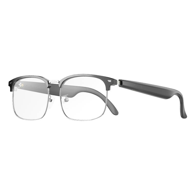 Graue rechteckige Brille mit klaren Gläsern, gefaltet/offen auf weißem Hintergrund gezeigt.