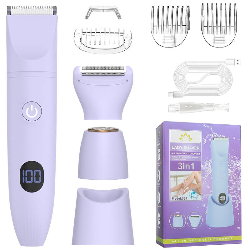 Bild eines Rasierers für Damen mit Lavendeldesign im 3-in-1-Set, das den Trimmer, austauschbare Köpfe, das USB-Ladekabel und die Produktverpackung zeigt.