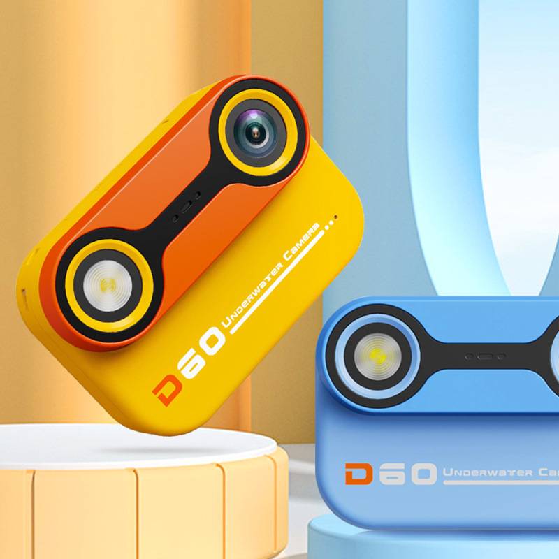 Zwei farbenfrohe Unterwasserkamera-Geräte auf einer Anzeige, eine gelb/orange aufrecht geneigt und eine blau flach liegend, beide mit der Bezeichnung „D60 Unterwasserkamera
