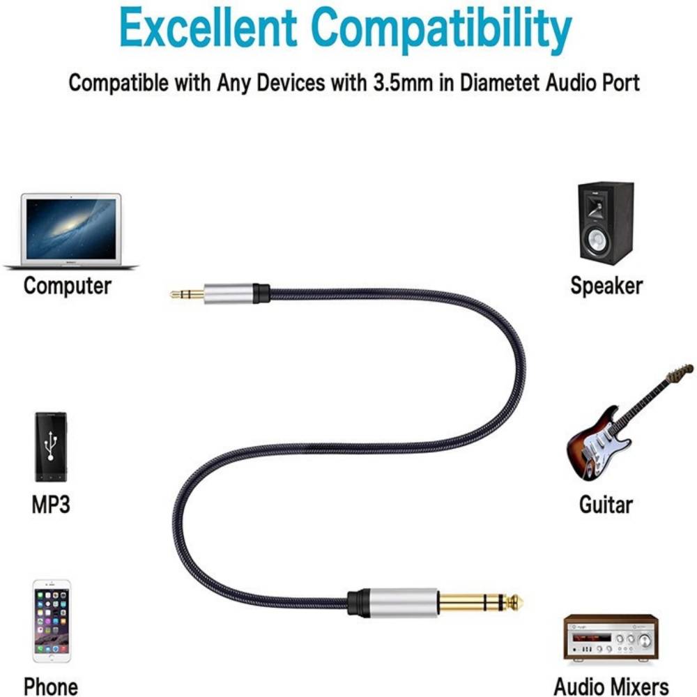 Kompatibilitätsdiagramm, das ein 3,5-mm-Audiokabel für die Verwendung mit Computern, Lautsprechern, MP3-Playern, Telefonen, Gitarre und Audiomischern zeigt.