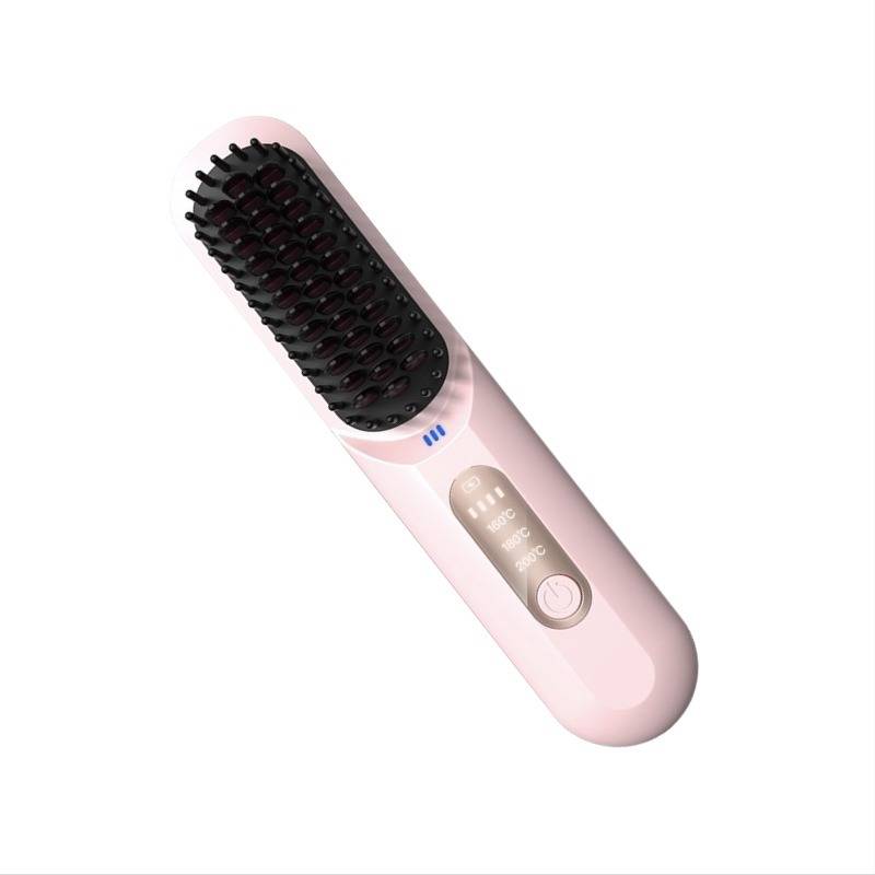 Rosa elektrische Haarbürste zum Glätten mit schwarzen Borsten und einem kleinen Display-/Steuerschalter am Griff, gezeigt auf weißem Hintergrund.