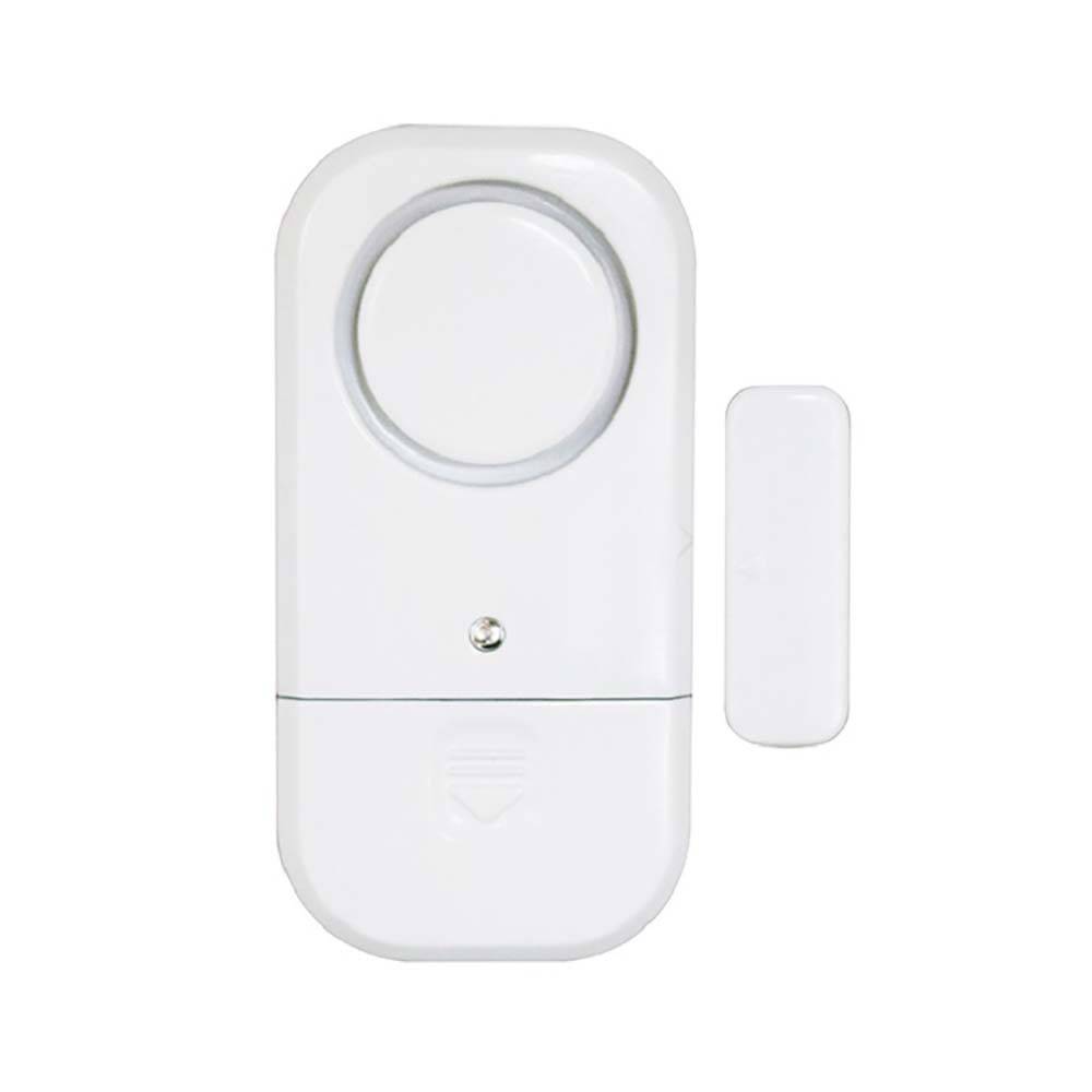 Weißer kabelloses Türen-/Fenstersensor mit separatem Magnetkontaktstück auf einfachem Hintergrund
