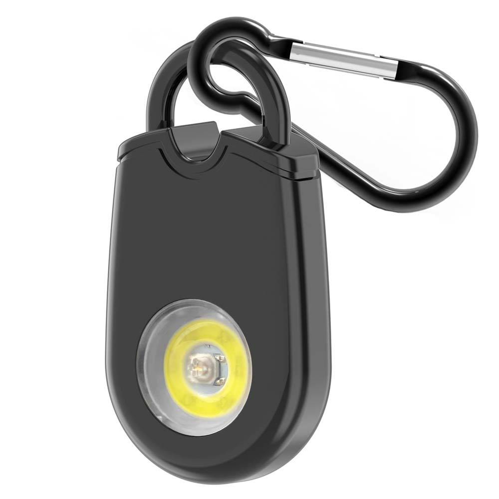 Schwarzes Clip-on-LED-Licht mit Karabinerhaken, gezeigt auf weißem Hintergrund.