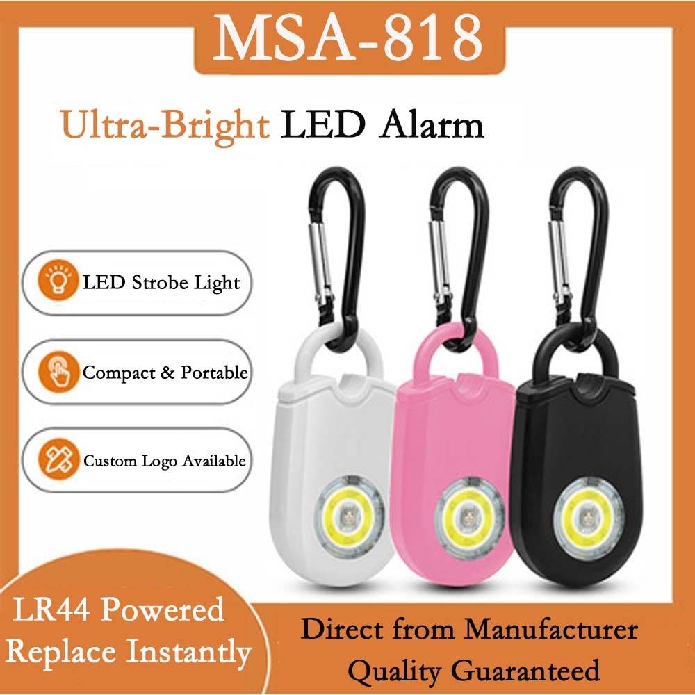 Werbebild eines MSA-818 ultra-hellen LED-Alarm-/Stroboskoplicht, dargestellt in Weiß, Rosa und Schwarz mit Clip-Karabinern; Merkmale sind kompaktes tragbares Design und Option für individuelles Logo.