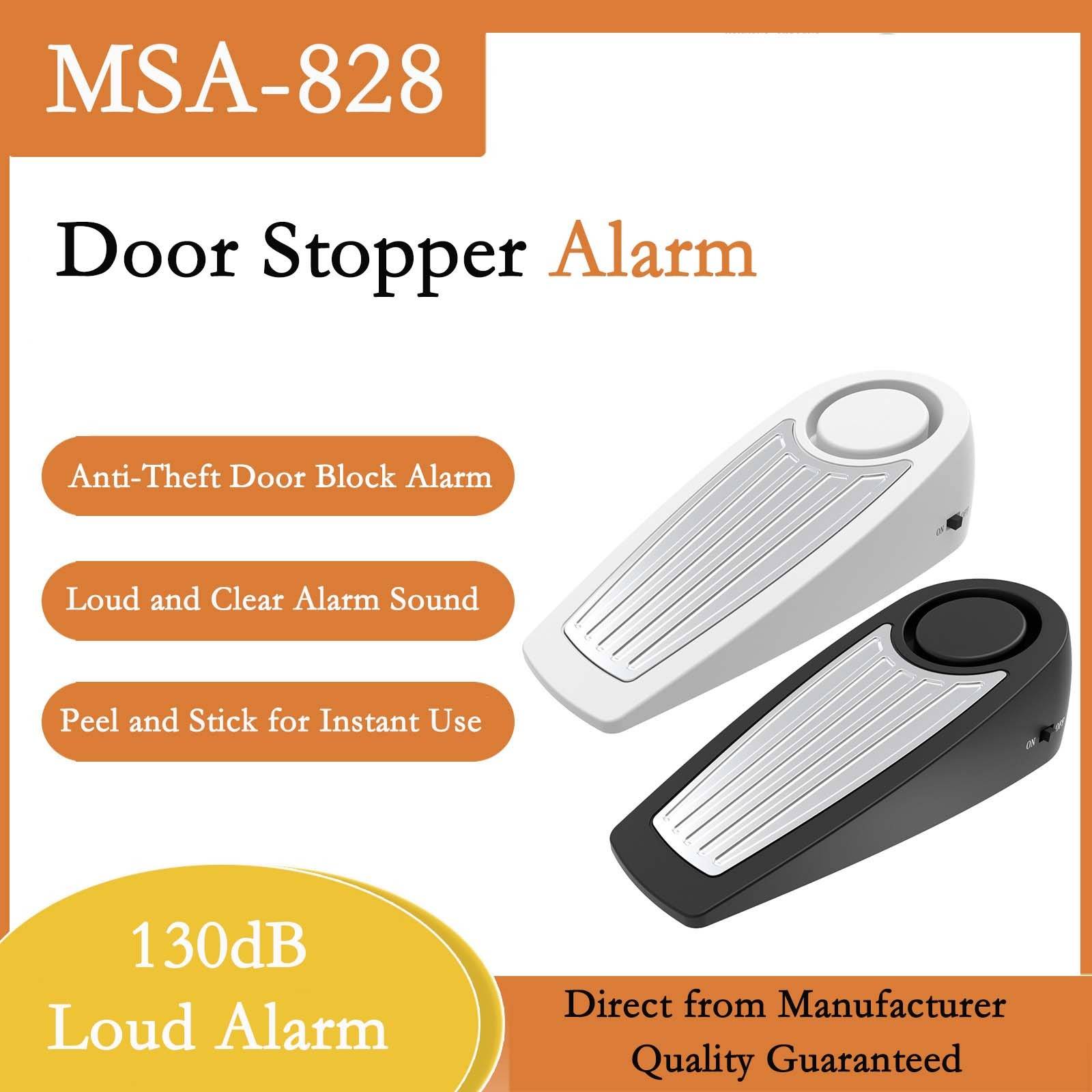 Produktanzeige für MSA-828 Türstopper-Alarm, zeigt weiße und schwarze Geräte mit Funktionen: Diebstahlschutz, lauter 130-dB-Alarm, Aufkleben und Fertig, direkt vom Hersteller mit garantierter Qualität.