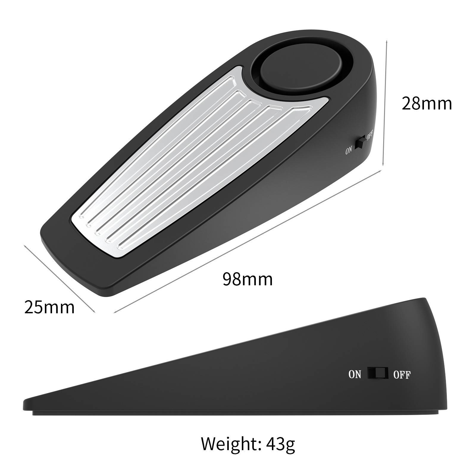 Schwarzes keilförmiges Fußpedal oder Schalter in Draufsicht und Seitenansicht dargestellt, beschriftet mit 98 mm Länge, 25 mm Breite, 28 mm Höhe und 43 g, mit EIN/AUS-Schalter.