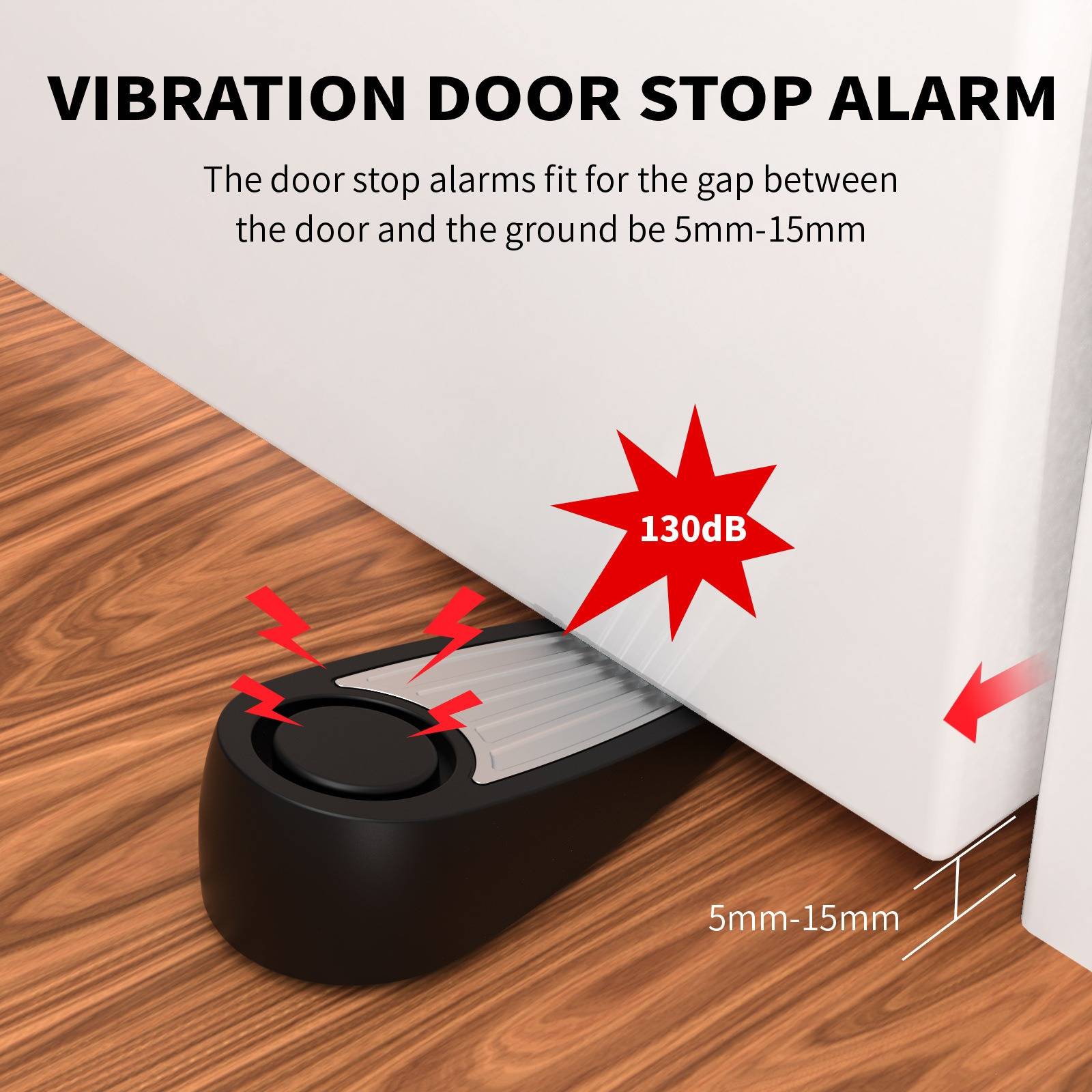 Türstopper-Vibrationsalarm unter einer Tür, zeigt 130dB-Alarm und passt für einen 5mm-15mm großen Spalt zwischen Tür und Boden.