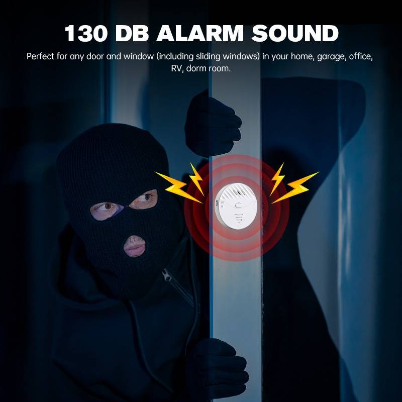 Maskierter Eindringling an einem Türfenster neben einem Türalarmgerät, mit dem Text „130 DB ALARMLAUT