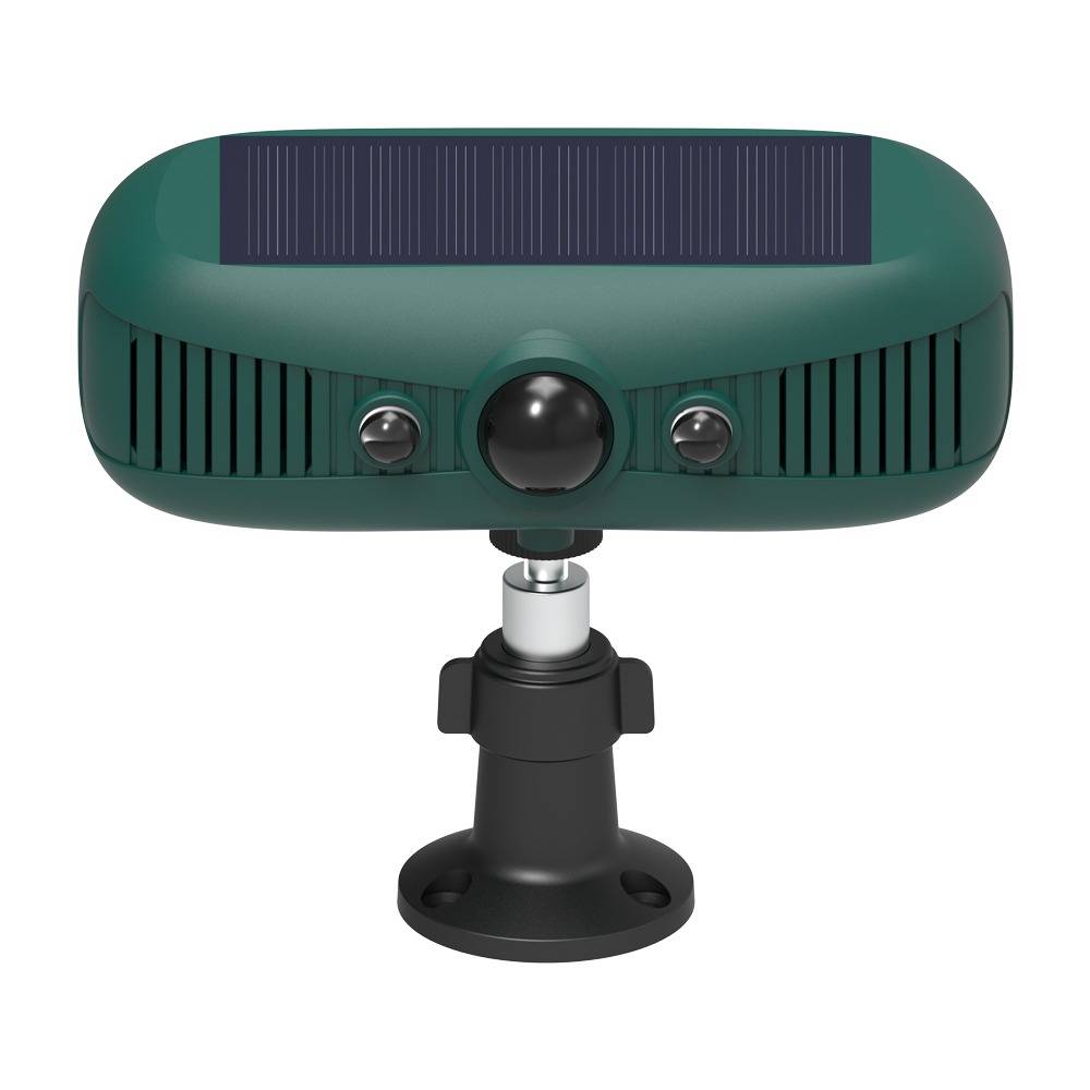 Grüne, solarbetriebene Outdoor-Sensor- oder Sicherheitsvorrichtung auf schwarzem Ständer montiert, mit frontaler kameraähnlicher Linse und Solarpanel oben.