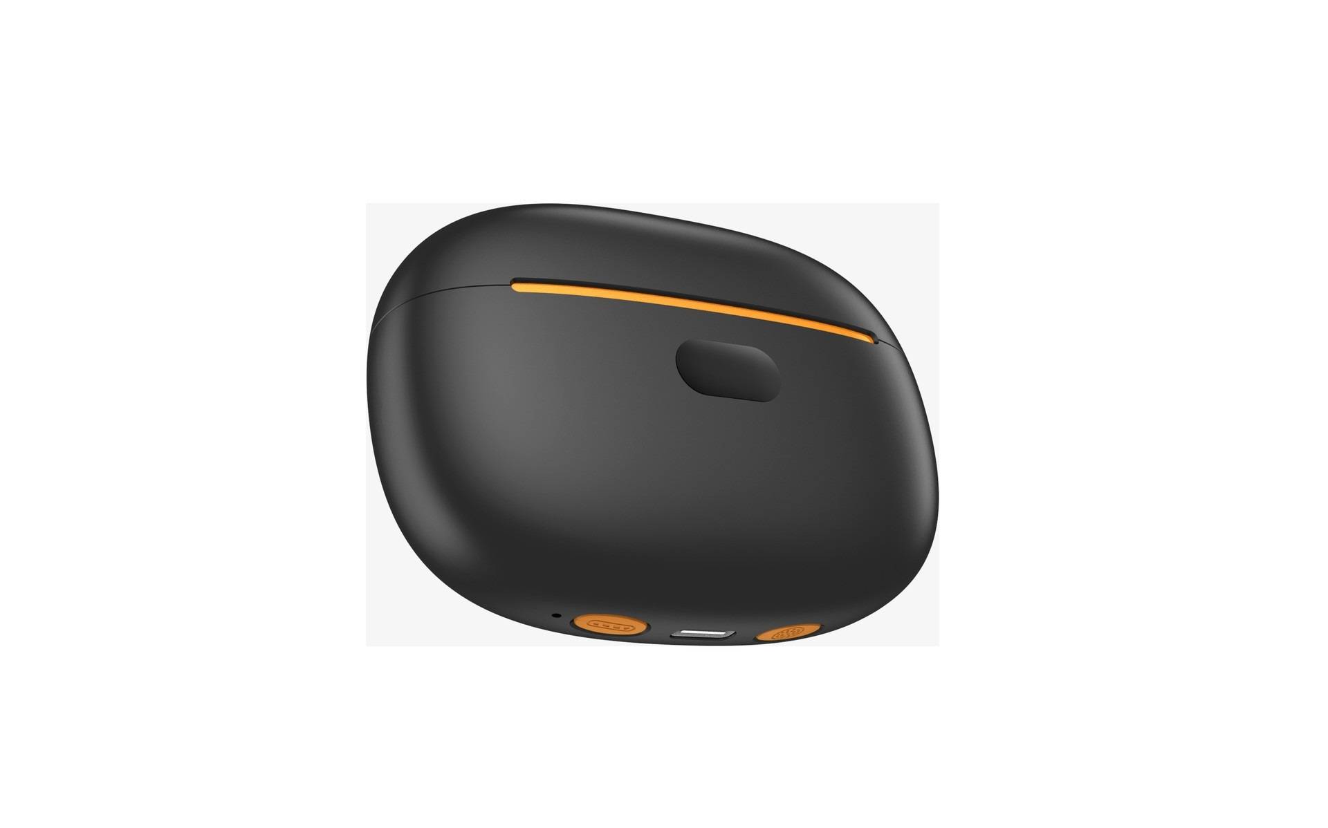 Kabellose schwarze Computermaus mit orangefarbenen Akzenten, von unten gezeigt.