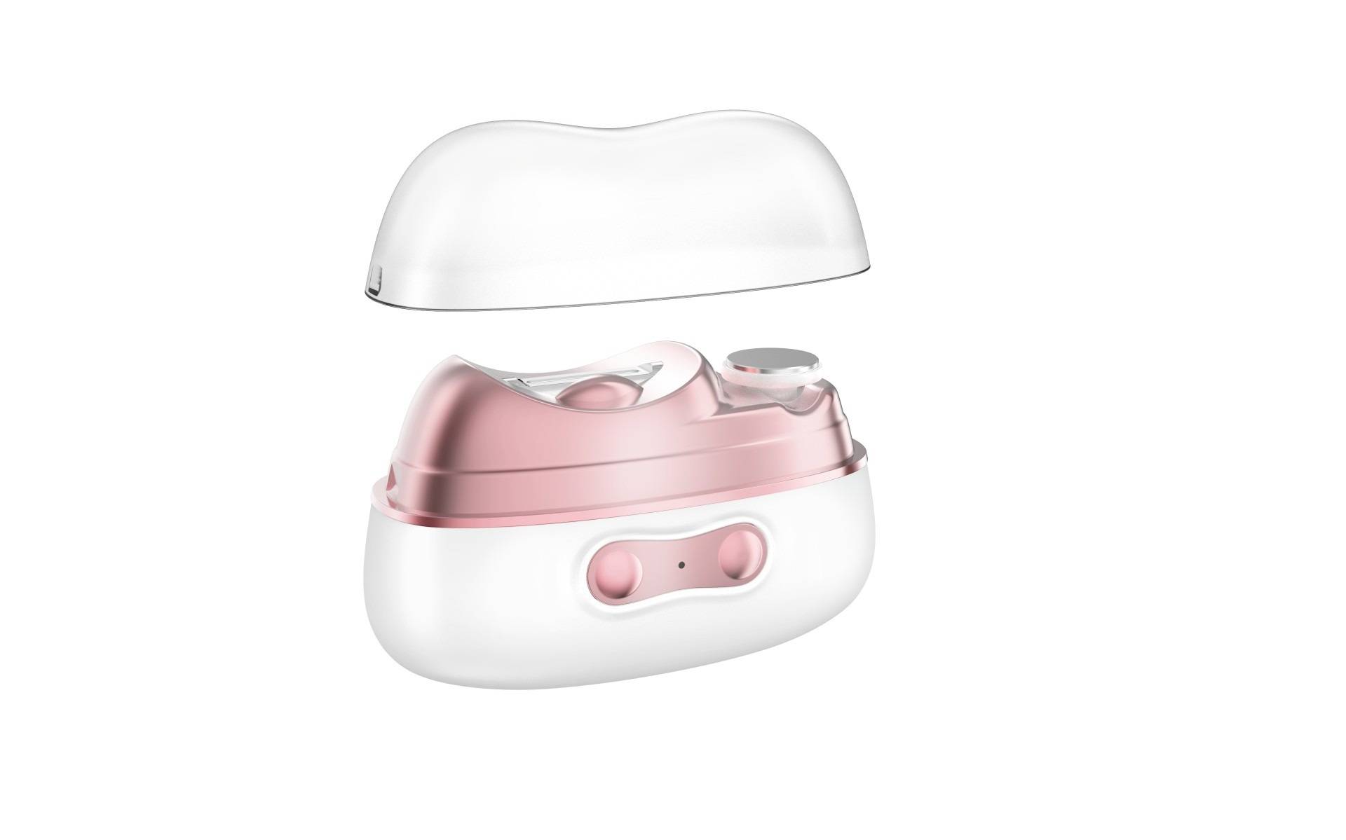Ein rosa-weißes elektrisches Gesichtsreinigungsgerät mit transparentem Deckel, geöffnet, um den internen Bürstel- oder Rollerkopf zu zeigen.