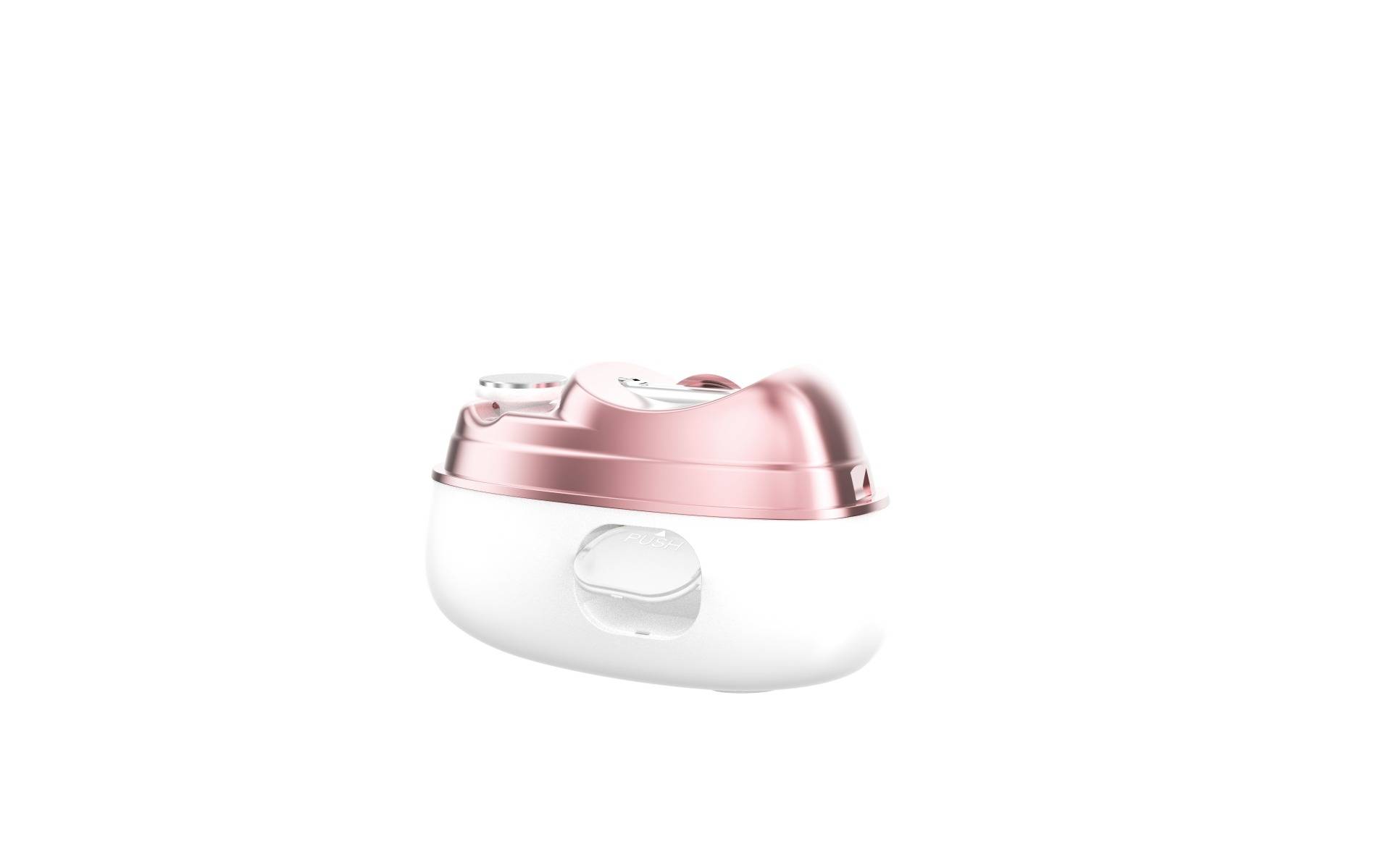 Ein tragbares rosa-weißes elektrisches Gesichtsdampfgerät oder Hautpflegegerät auf einem schlichten weißen Hintergrund.