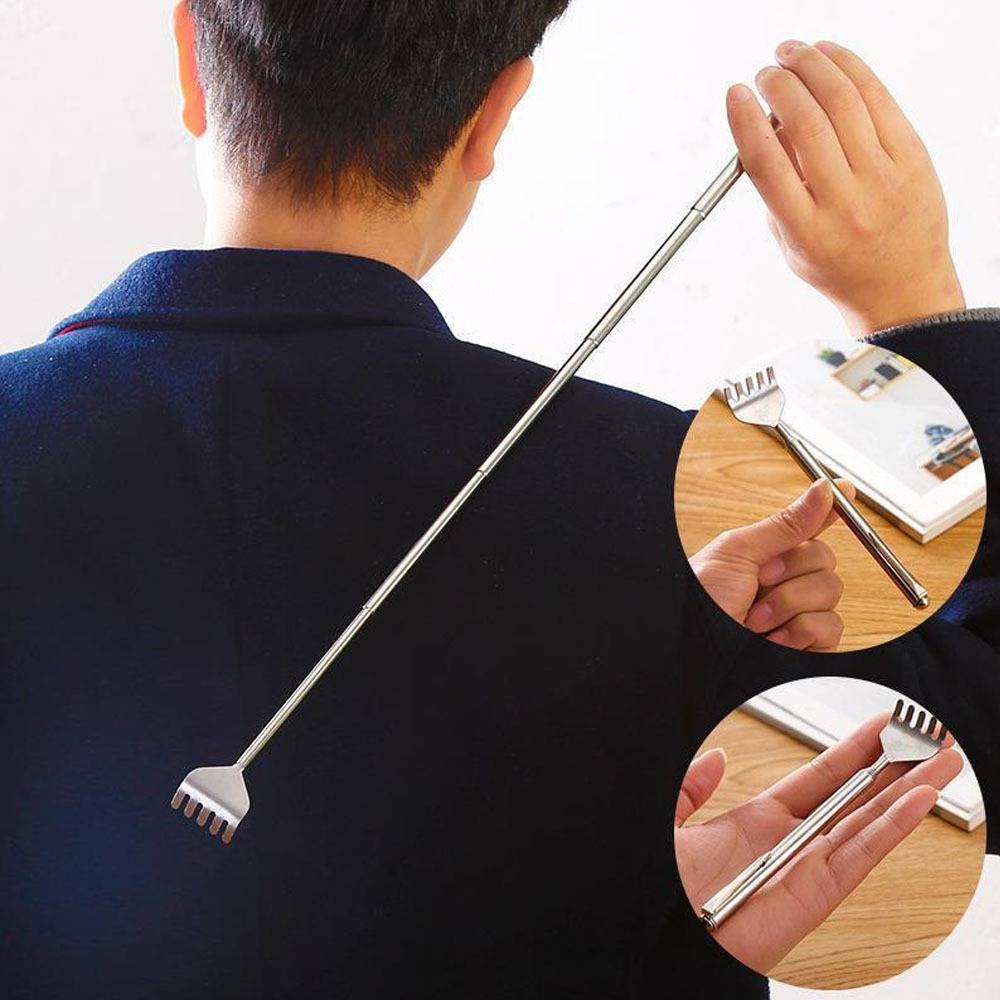 Rückenkratzer mit Metallrechen-Ende, das über den Rücken einer Person reicht, mit vergrößerten Detailansichten, wie er in der Hand gehalten wird.