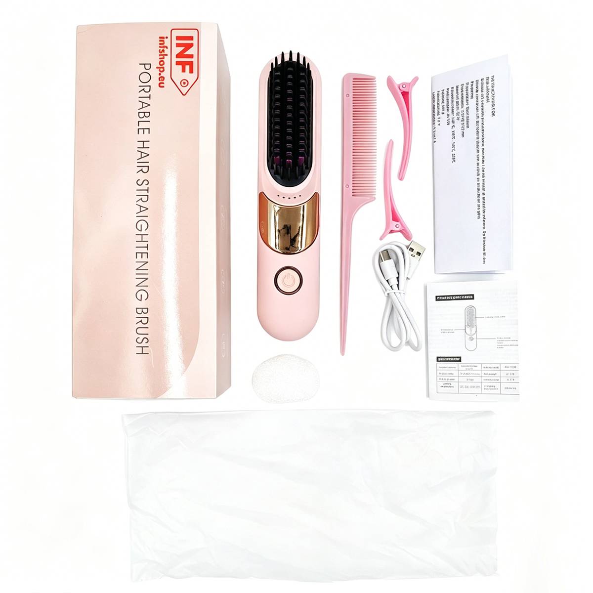 Rosa tragbares Haarglättungsbürsten-Set mit Box, Bürste, Kamm, Klammer, USB-Kabel, Bedienungsanleitung und Aufbewahrungstasche.