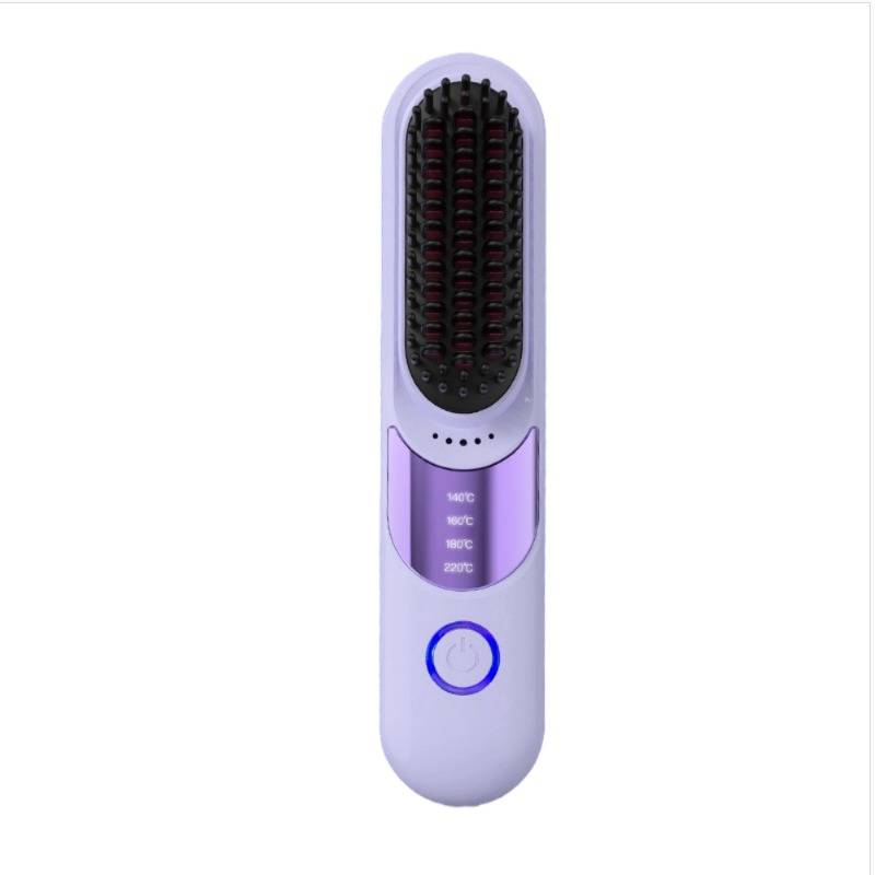 Violette elektrische Haarglätterbürste mit schwarzen Borsten, einer Temperaturanzeige und einem einzelnen Ein-/Ausschalter auf weißem Hintergrund.