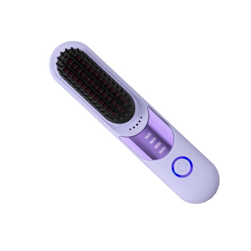 Lila elektrische Haarglättungsbürste auf weißem Hintergrund, mit rundem Netzschalter und Wärmeregelungs-Anzeigen.