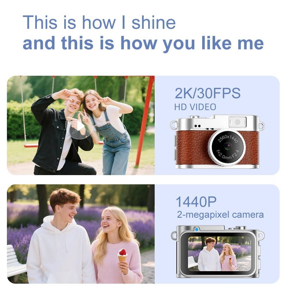 Werbegrafik zum Vergleich der Video- und Fotofunktionen einer Kamera: 2K/30FPS HD-Video und 1440P 2-Megapixel-Kamera, dargestellt mit lachenden Menschen auf dem Kameradisplay.