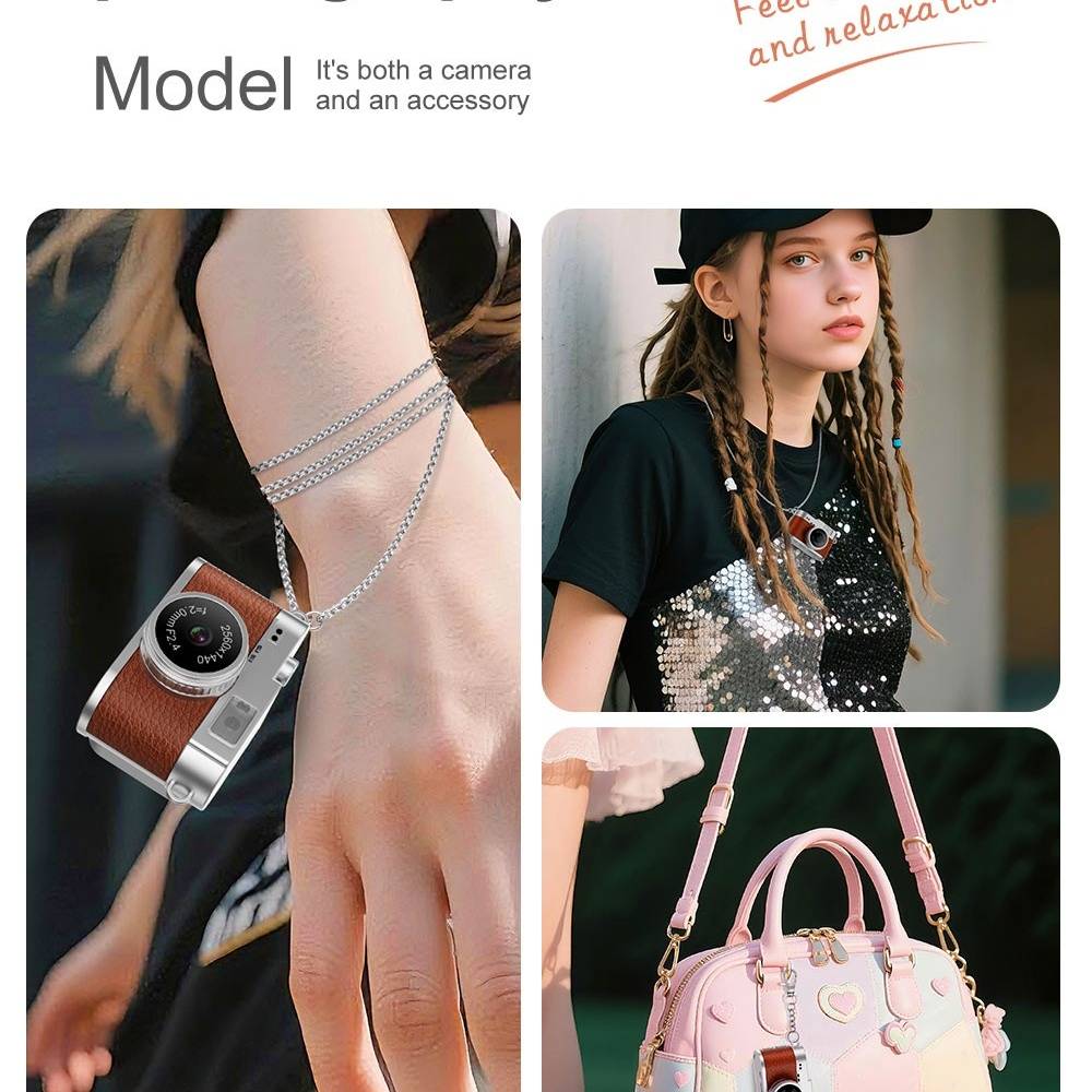 Modeanzeigte, die eine Kamerenkette als tragbares Accessoire zeigt, zusammen mit einer jungen weiblichen Fotomodell und rosa Handtaschen.