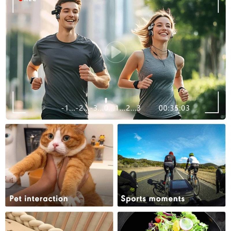 Collage aus Stock-Style-Lifestyle-Clips: zwei Personen beim Joggen mit Video-Play-Overlay, plus kleinere Kacheln zeigen eine gehaltene Katze und Radfahrer auf einer Straße mit der Bezeichnung „Sports moments