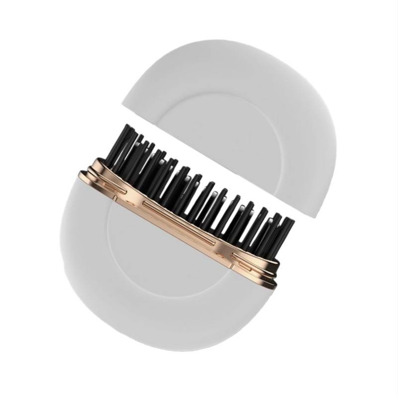 Kleine schwarze Borstenbürste mit goldenem Griff in einem weißen ovalen Etui, diagonal auf einfachem Hintergrund dargestellt.