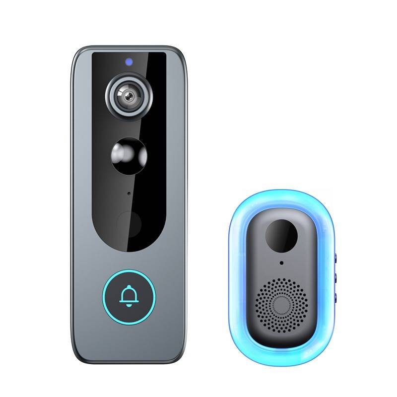 Vorder- und Rückseiten einer intelligenten Video-Türklingel mit Kamera, Lautsprecher und leuchtendem blauem Lichtring.